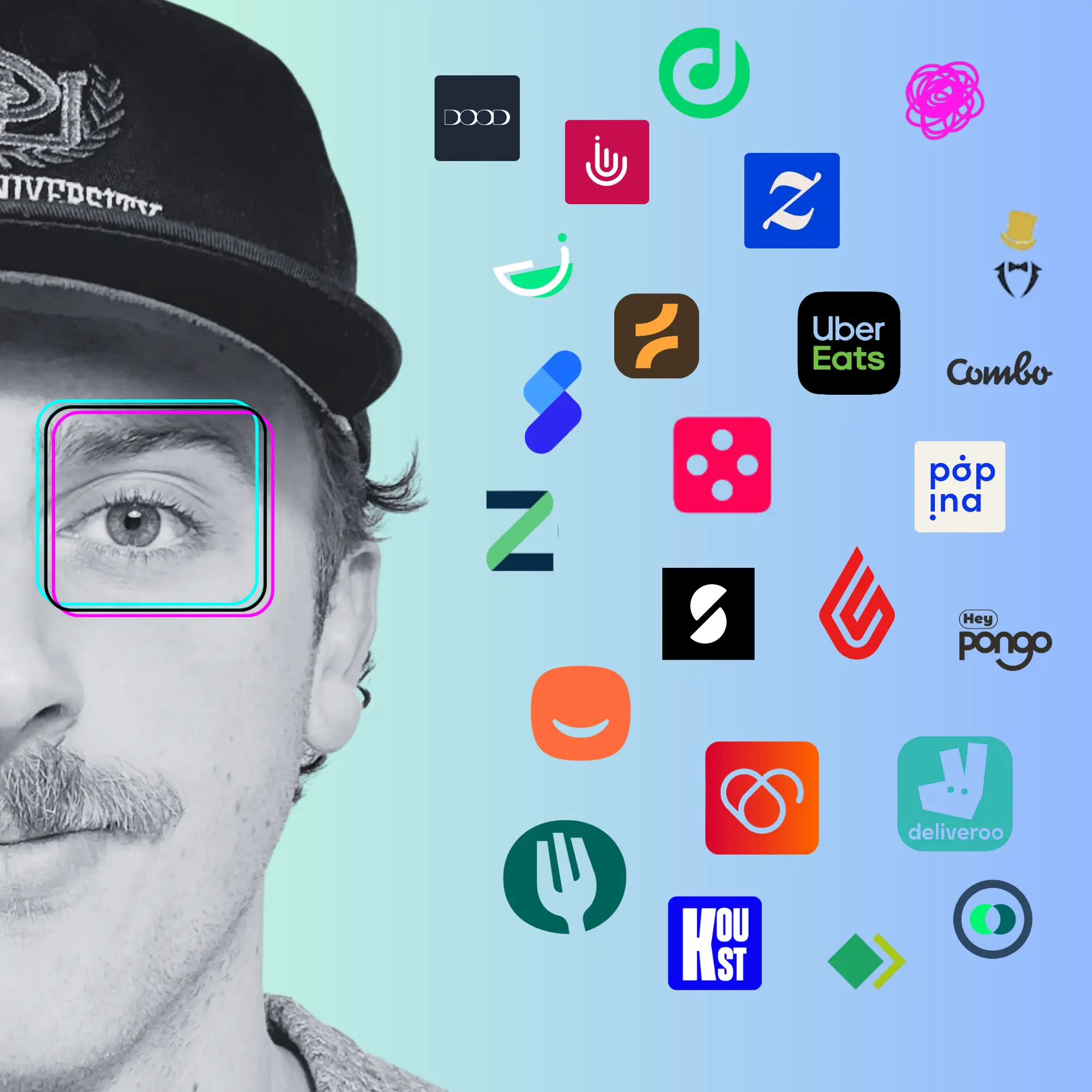 Portrait en noir et blanc de Yohan Bedat, fondateur de Tech-Food, avec un effet graphique de ciblage sur l'œil et une constellation de logos de logiciels et d'applications de l'écosystème de la restauration (caisses, gestion, réservation) sur fond dégradé bleu et vert.