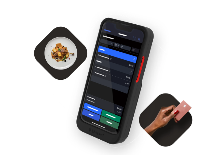 Terminal de paiement électronique et iPad de caisse en flottement à côté d'une assiette et d'une carte bancaire.