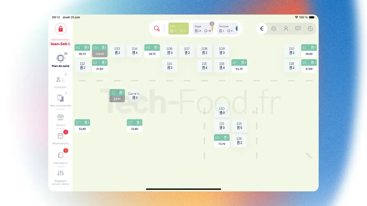 Interface L'Addition du plan de salle avancé sur tablette tactile pour restaurant brasserie multi-zones