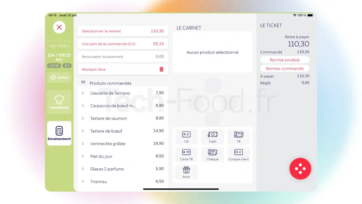 Écran d'encaissement avec les produits commandés sur l'iPad L'Addition.