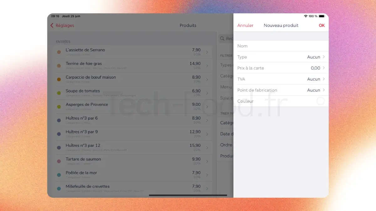 Vue sur l'interface de configuration L'Addition pour la création rapide d'un nouveau produit ou plat sur le menu de caisse.