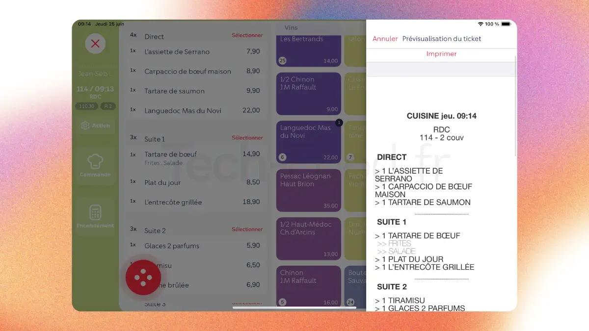 Bon de commande imprimé en cuisine pour l'envoi des plats.