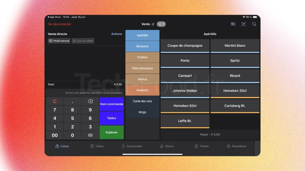 Environnement de prise de commande et d'encaissement avancé sur l'application iPad Lightspeed Restaurant K-Series, montrant les options de business intelligence.