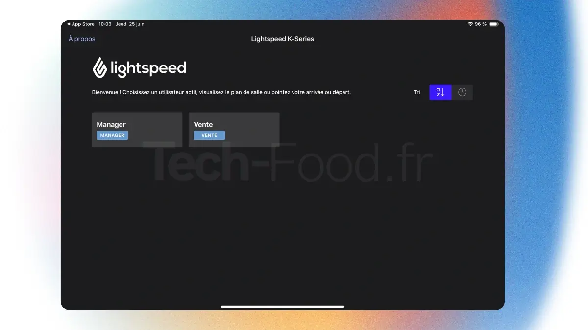 Écran de sélection et de connexion de l'utilisateur sur le logiciel de caisse Lightspeed.