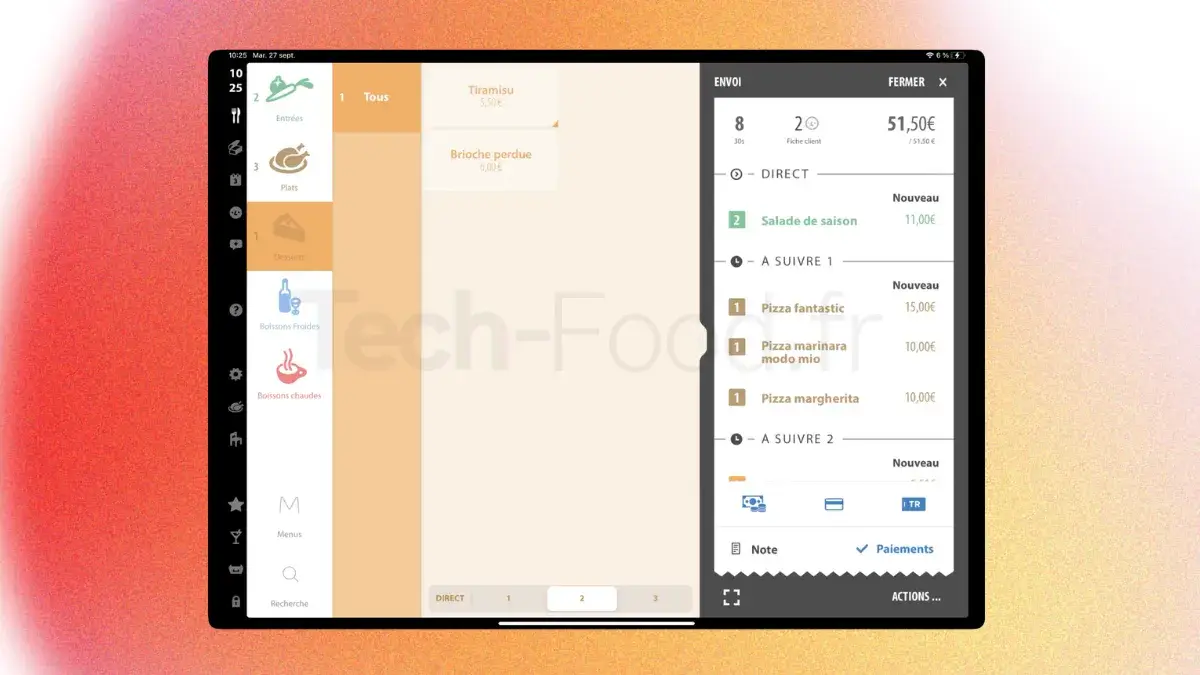 Interface de prise de commande tactile sur l'application de caisse iPad Popina avec envoi des bons en cuisine.
