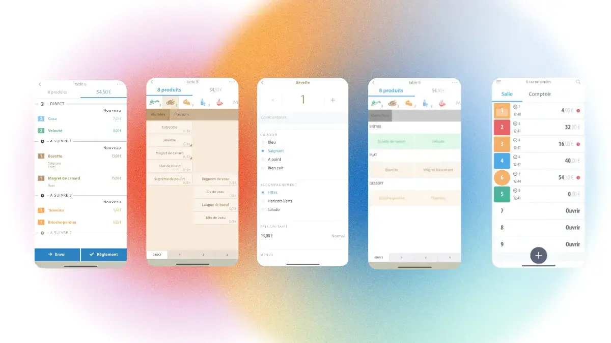 aptures d'écran de l'application mobile Popina pour iPhone dédiée à la prise de commande des serveurs à la table.