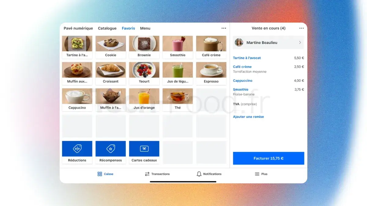 Interface de prise de commande tactile sur l'application Square pour Restaurants installée sur un iPad.