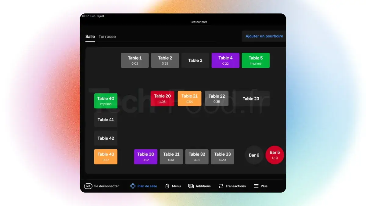 Vue du plan de salle interactif sur l'iPad avec suivi de l'état des tables dans l'application Square Gratuit.