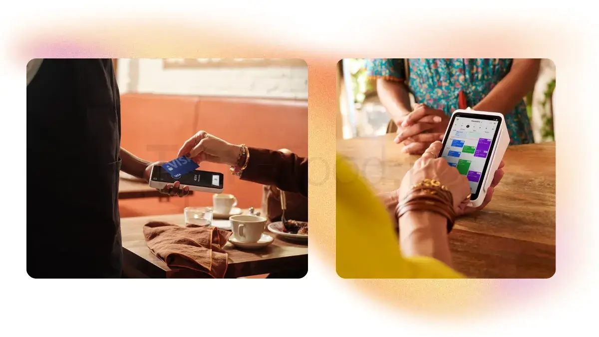 Photomontage de deux situations : à gauche, un paiement sur Square Terminal ; à droite, une gérante saisissant une commande sur Square Handheld.