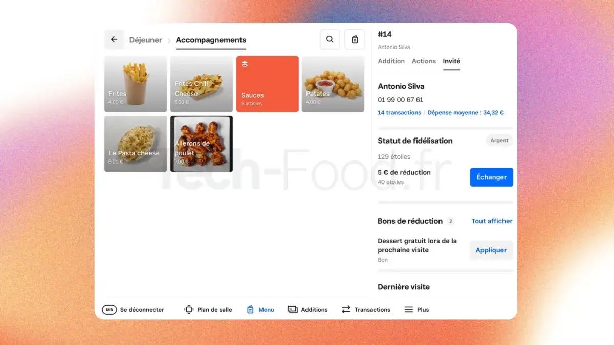 Écran de sélection des suppléments et modifications lors de la saisie d'un produit sur l'application Square.