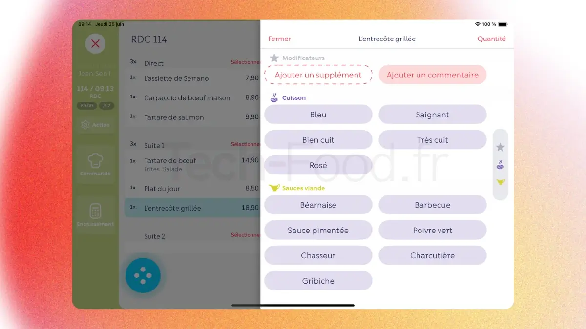 Écran de sélection des modifications et suppléments de produits sur l'application concurrente L'Addition.