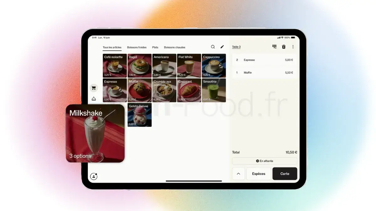 Interface épurée de prise de commande et sélection de produits sur l'application SumUp Caisse Lite affichée sur un iPad.