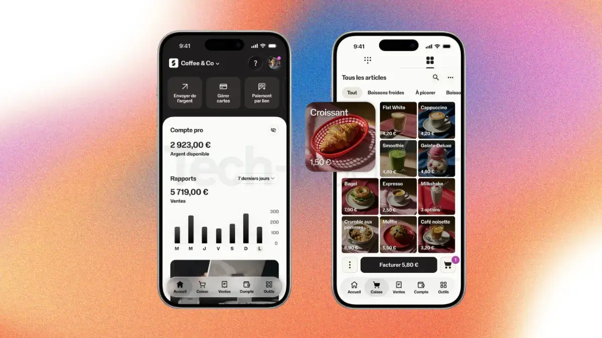 Photomontage de deux écrans de l'application mobile SumUp sur iPhone : à gauche le tableau de bord des ventes (Dashboard), à droite le catalogue et listing des articles.