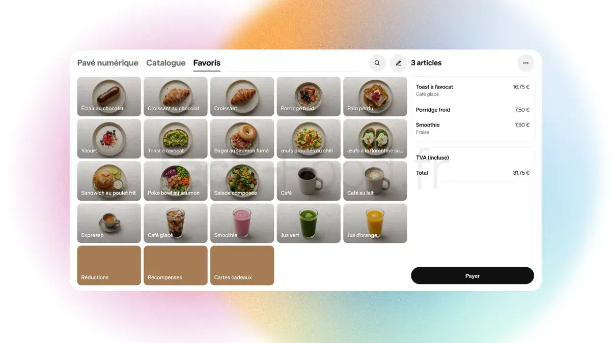 Interface moderne de prise de commande sur l'application Square pour Restaurants sur iPad, montrant la gestion des modificateurs de plats.