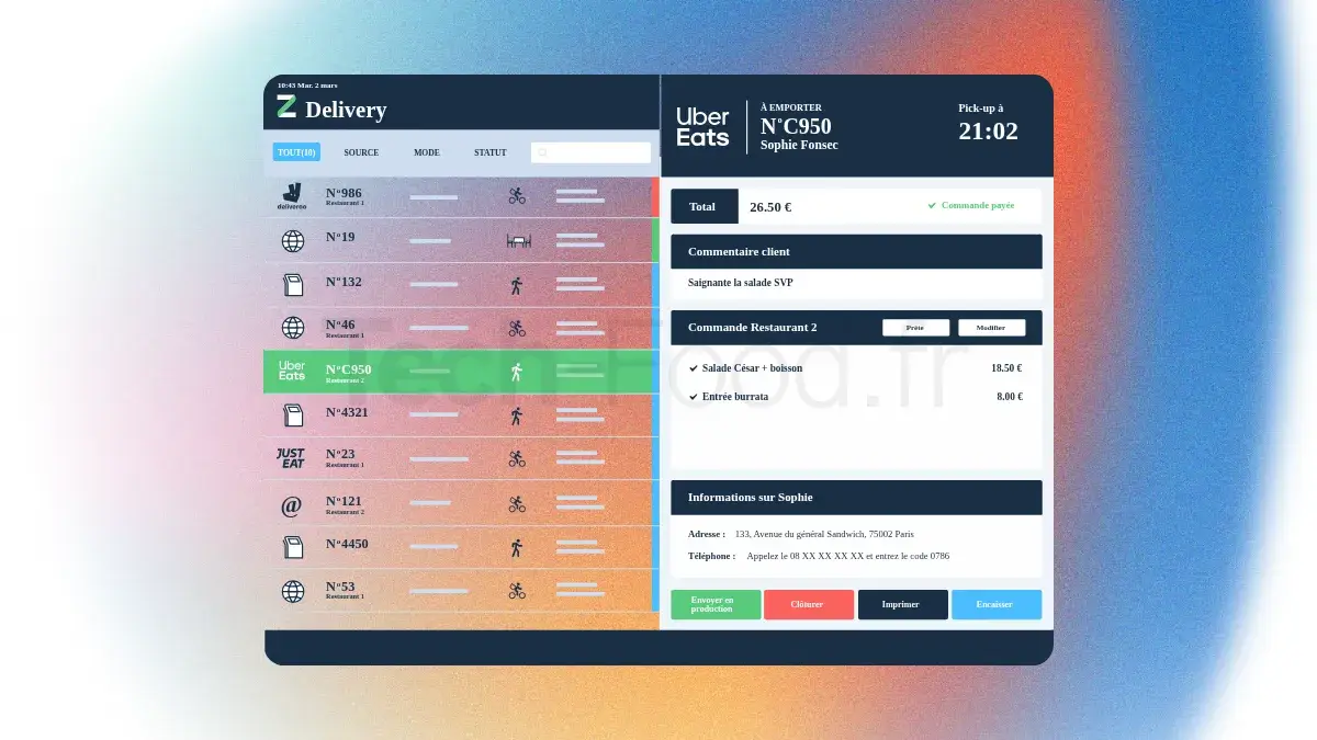 Interface de l'application Zelty centralisant les flux de commandes avec les logos et provenances des plateformes Uber Eats, Deliveroo et Just Eat sur le même écran.