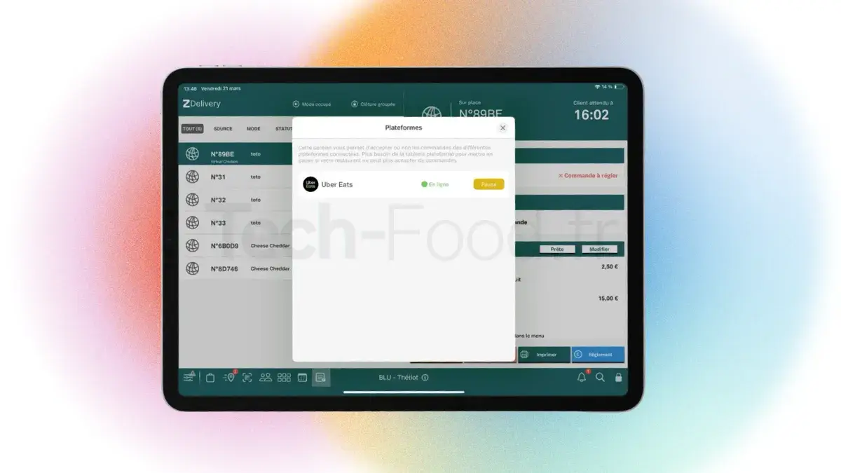Écran de configuration de l'écosystème Zelty affichant le module d'intégration natif Uber Eats et les paramètres de synchronisation du menu.