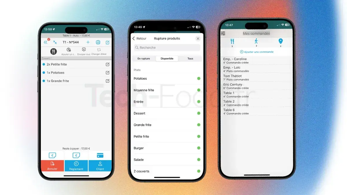 Montage de trois smartphones affichant l'interface mobile de Zelty pour la prise de commande nomade