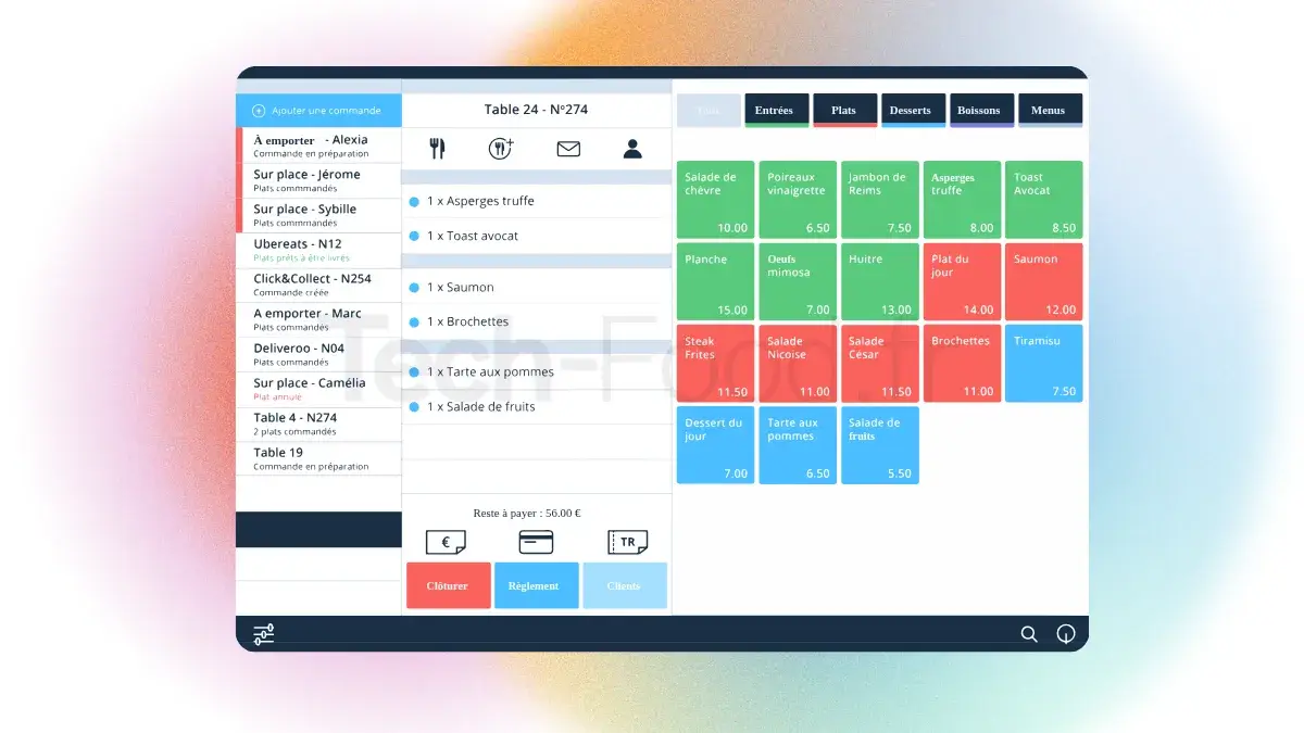 Interface épurée de prise de commande rapide sur l'application Zelty pour iPad, optimisée pour l'encaissement au comptoir.