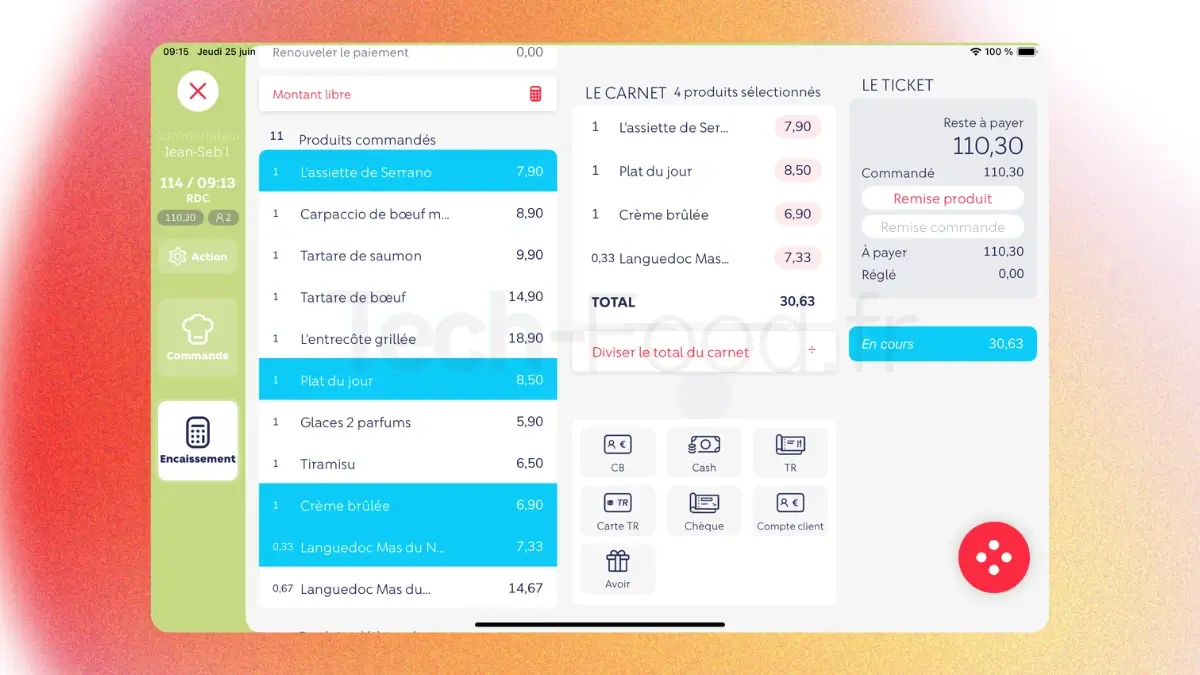 Interface du logiciel de caisse L'Addition sur iPad montrant l'écran de partage d'addition, de division de note et l'environnement d'encaissement pour restaurant traditionnel.