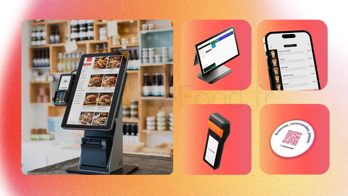 Infographie présentant la suite logicielle et matérielle complète d'Innovorder. Le visuel regroupe l'ensemble de leurs solutions interconnectées : la borne de commande verticale, le logiciel de caisse principal (POS), le terminal de paiement (TPE) et l'interface de commande par QR Code.