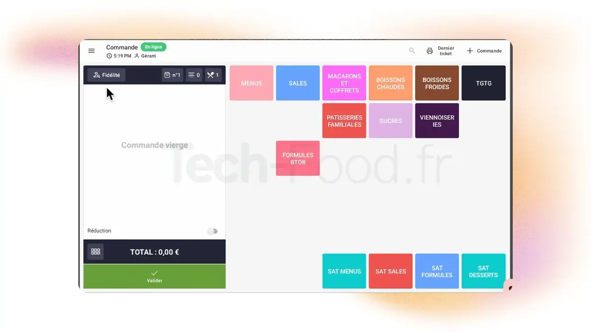 Interface utilisateur du logiciel de caisse Innovorder sur tablette iPad, affichant l'environnement de prise de commande rapide avec la grille des produits et le panier d'achat.