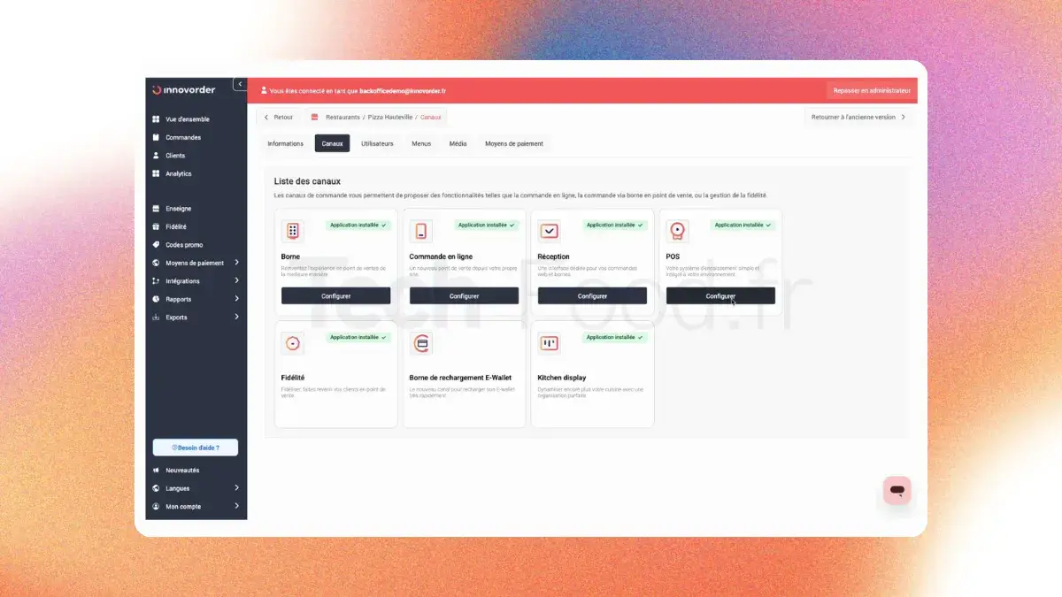 Tableau de bord du back-office Innovorder montrant la cartographie de l'écosystème connecté avec les canaux Bornes, Commande en ligne, POS et Programme de fidélité.