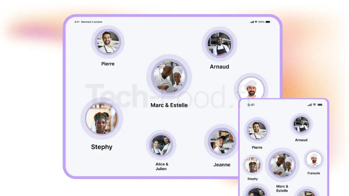 Photomontage de l'interface Hygie sur tablette et mobile, où l'accent est mis sur une ergonomie "Zéro formation" avec des icônes larges et colorées. Un widget flottant affiche la 'Liste des employés' (Employee List), montrant des photos et le statut opérationnel de chaque membre de l'équipe pour un suivi intuitif.