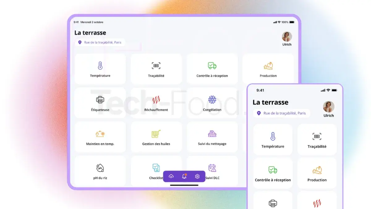 Menu principal de l'application Hygie sur tablette, montrant les raccourcis vers les fonctions d'autocontrôles, le suivi des températures et le module connecté d'impression d'étiquettes de DLC secondaires.
