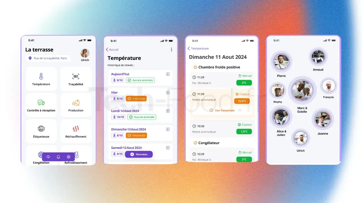 Un montage de quatre captures d'écran de l'application mobile Hygie, illustrant l'intégration de différents capteurs et modules : les alertes de température IoT connectées sans fil, une checklist de nettoyage avec preuve photo, le scanner de traçabilité d'étiquettes, et le tableau de bord des rapports PDF d'archivage légal.