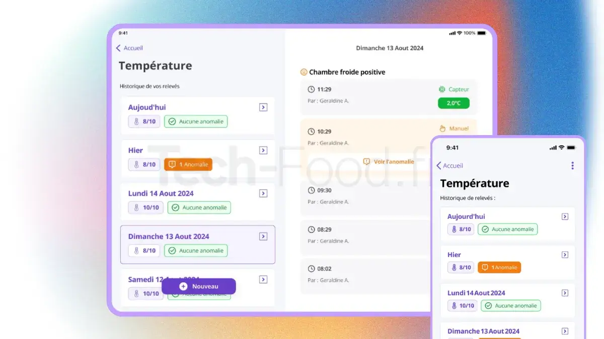 Interface de l'application concurrente Hygie sur tablette et téléphone mobile, mettant en avant le module de gestion et de relevés manuels des températures des enceintes réfrigérées.