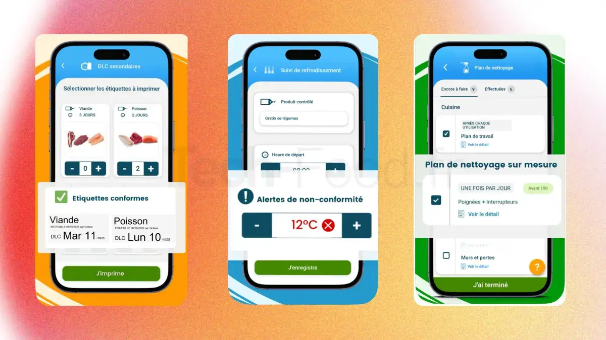 Photomontage de trois captures d'écran de l'application mobile Octopus HACCP sur smartphone. L'interface utilisateur moderne utilise des boutons colorés, des icônes épurées et des validations par glissement (swipe) pour les tâches de cuisine.