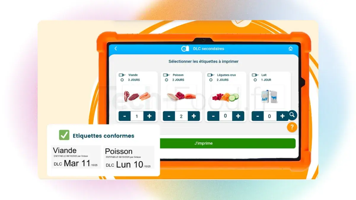Interface du module de gestion et d'impression d'étiquettes de DLC secondaires sur l'application Octopus HACCP. L'écran affiche les options de configuration pour l'étiquetage des produits entamés ou fabriqués maison.