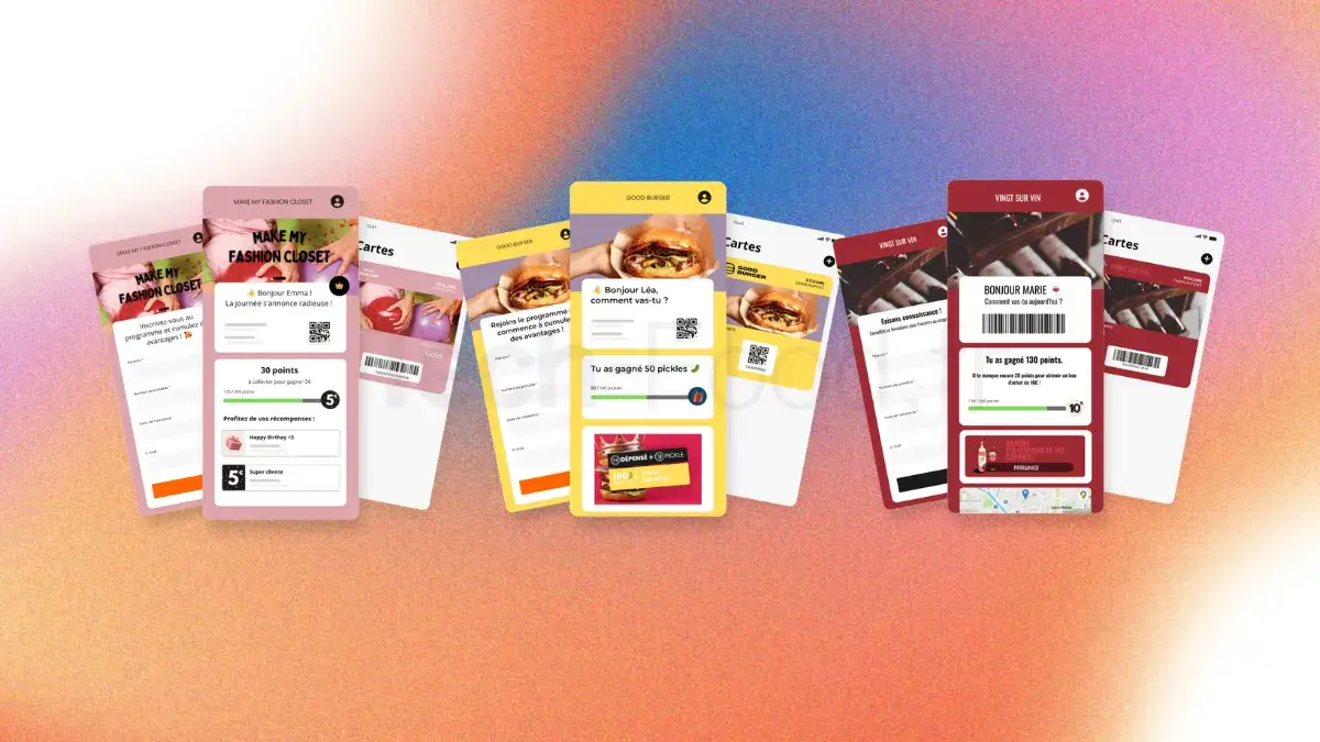 Présentation de trois exemples de visuels de cartes de fidélité clients entièrement brandés aux couleurs de trois enseignes distinctes. L'image met en valeur la personnalisation graphique de l'interface mobile Zerosix avec logos, chartes graphiques uniques et jauges de récompenses adaptées à chaque identité de marque.