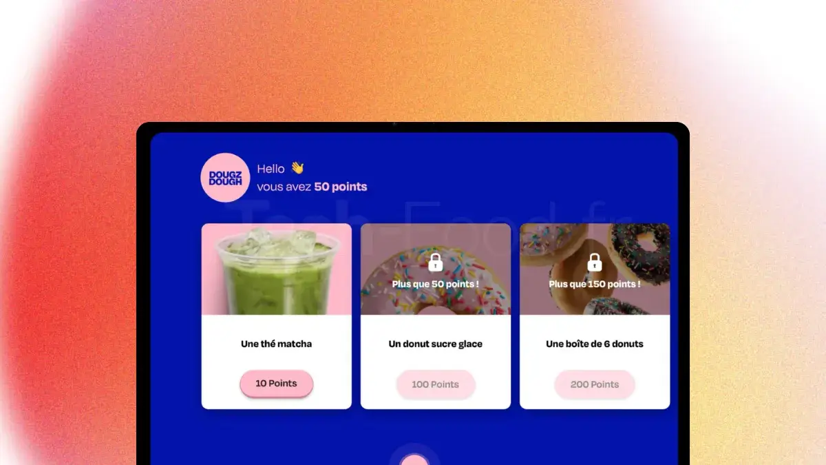 Capture d'écran de l'interface utilisateur Heypongo sur un iPad de comptoir. L'écran affiche un catalogue de récompenses sous forme de vignettes