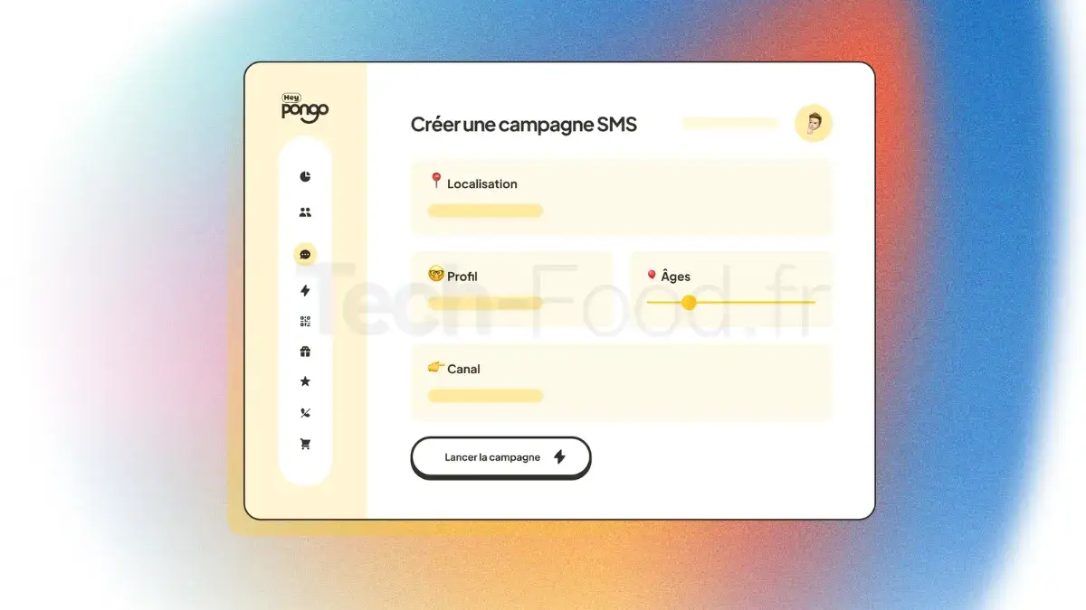Capture d'écran de l'interface de création de campagne marketing sur Heypongo. On y voit les filtres de ciblage avancés permettant de sélectionner l'audience selon des critères précis comme la tranche d'âge, la localisation géographique, le canal de diffusion et le profil de comportement d'achat