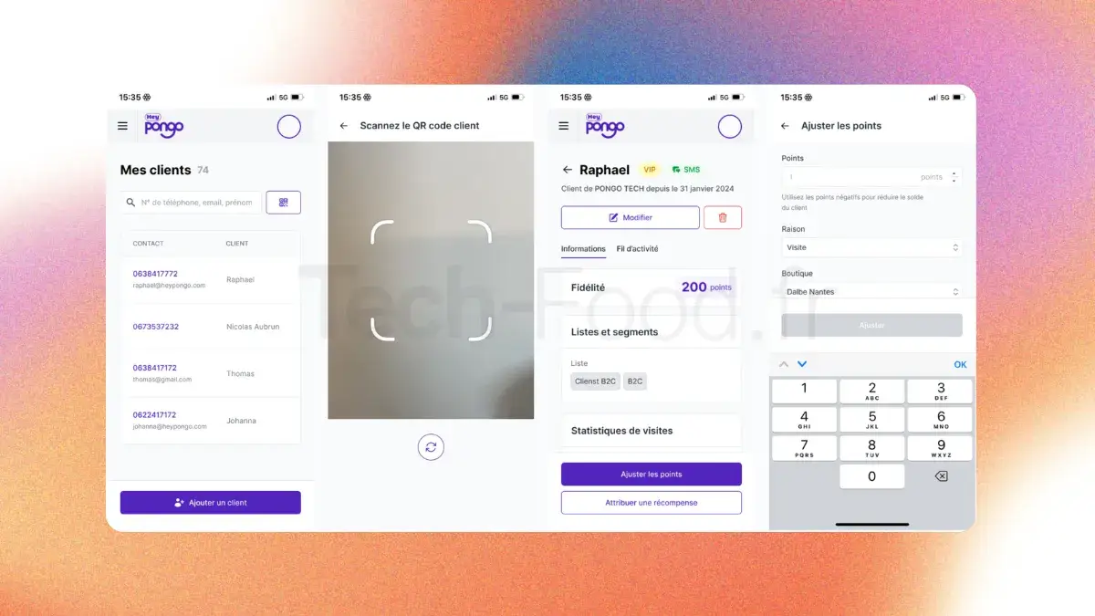 Vue rapprochée d'une interface sur tablette iPad affichant l'application Heypongo en mode scanner, prête à lire un QR Code client, avec un volet latéral ouvert permettant de modifier instantanément les informations et préférences du profil utilisateur.