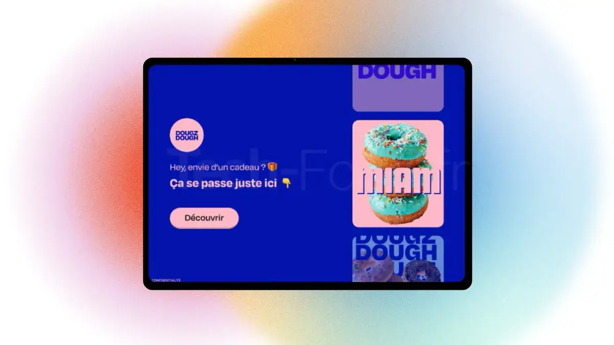Interface de collecte de données et capture de leads sur tablette Heypong avec bouton d'appel à l'action Envie d'un cadeau et Découvrir