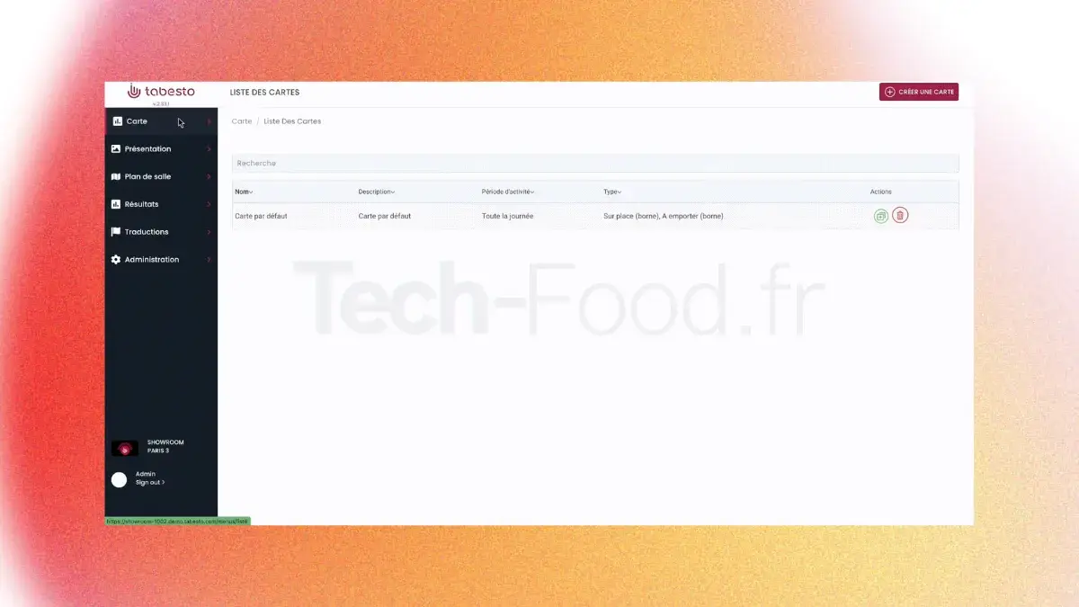 Capture d'écran de l'interface administrateur Tabesto sur un ordinateur. Le tableau de bord affiche le catalogue de produits, la configuration de la carte, la gestion des prix et les boutons de synchronisation pour modifier le menu des bornes en un clic.