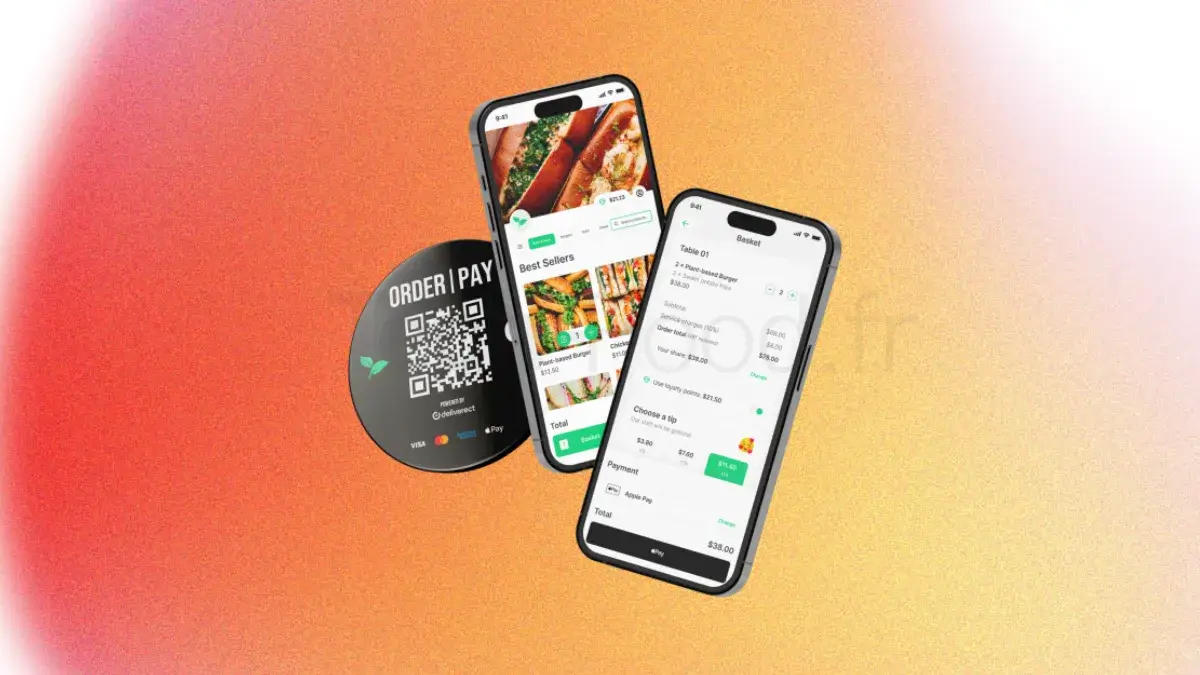 Illustration mettant en scène un chevalet avec QR Code posé sur une table de restaurant, entouré de deux smartphones. Les écrans des téléphones affichent l'interface du menu digitalisé et le récapitulatif des produits ajoutés au panier en temps réel.