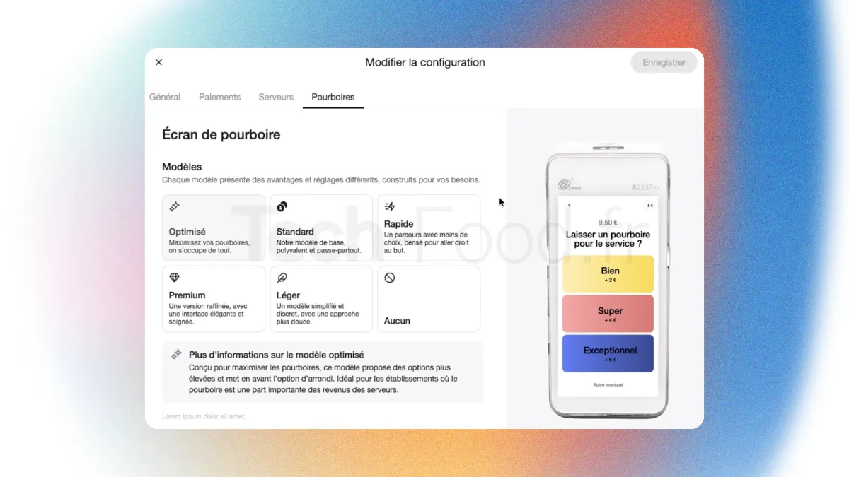 Capture d'écran de l'interface d'administration de Sunday sur la section de configuration des pourboires. On y voit les options permettant de personnaliser les pourcentages suggérés par défaut aux clients et les messages incitatifs associés.
