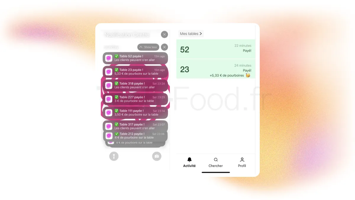 Capture d'écran d'un centre de notifications sur tablette de caisse. Les alertes successives affichent en temps réel les messages de confirmation : "Table 14 payée via Sunday", "Table 4 clôturée - Solde 0 €", validant la synchronisation instantanée du logiciel.