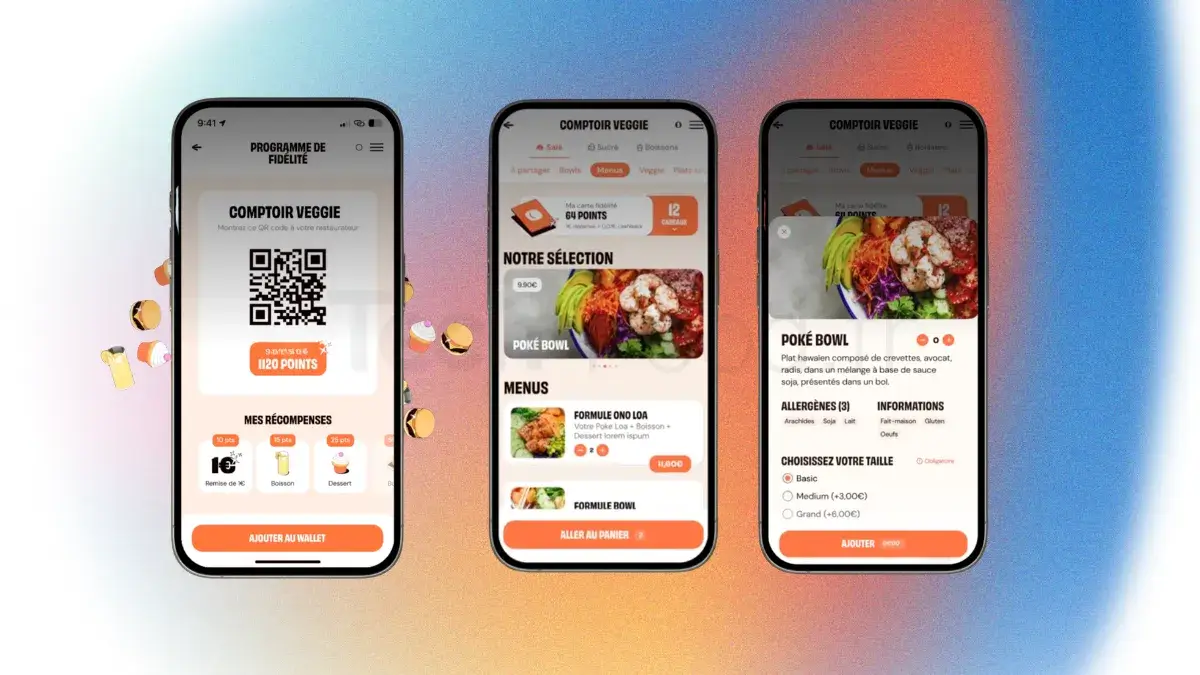 Alignement de trois iPhones présentant l'interface web grand public d'ObyPay. Le premier écran montre le tableau de bord du programme de fidélité client, le deuxième affiche le catalogue de commande d'un stand de Food Court, et le troisième illustre la fenêtre pop-up de choix des suppléments et options de cuisson.