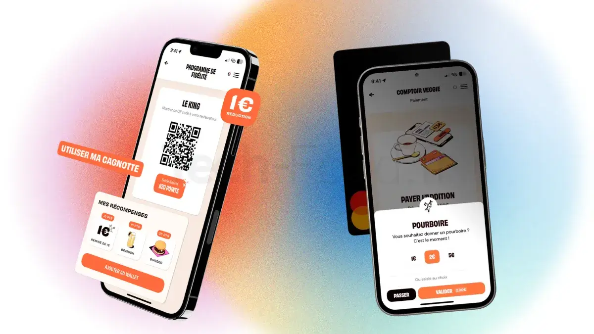 Deux iPhones côte à côte affichant l'interface ObyPay entièrement personnalisée aux couleurs d'un restaurant. Le premier écran présente la cagnotte de fidélité digitale du client et le second montre le curseur de sélection du pourboire à destination des équipes en salle.