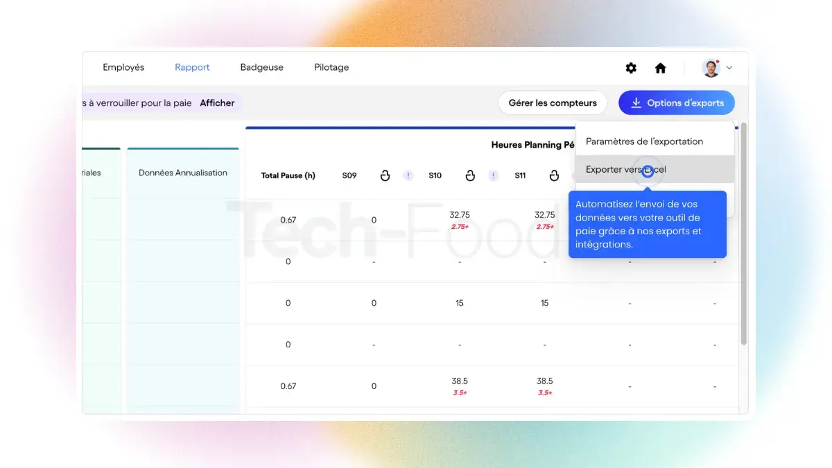 Vue de l'interface administrative Skello dédiée à la clôture du mois. L'écran montre le tableau récapitulatif des variables de paie validées et met en avant le menu d'exportation automatique affichant les logos des logiciels comptables connectés comme Silae, Pennylane et Sage.