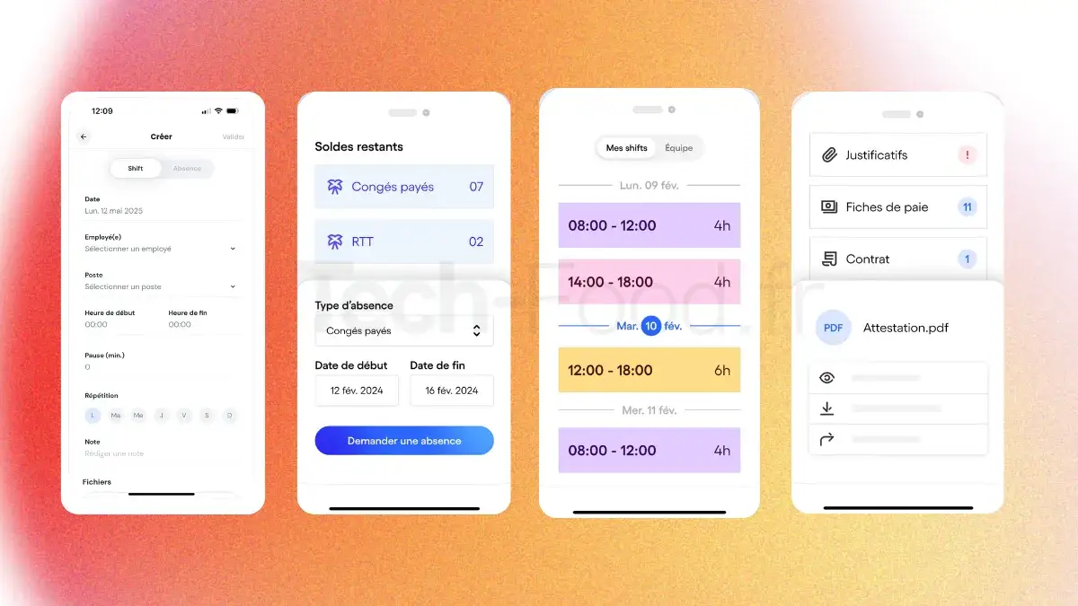Alignement de quatre écrans d'iPhone montrant l'application mobile Skello dédiée aux salariés. Les écrans affichent successivement : l'agenda des shifts de la semaine, le module de demande de congés, l'interface d'échange de shift entre collègues et le fil d'actualités des notifications internes.