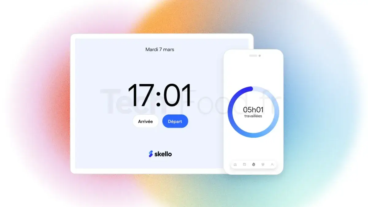 Un écran d'iPad et un d'iPhone affichant simultanément l'interface épurée de la badgeuse numérique Skello. L'écran de la tablette présente le pavé numérique sécurisé pour la saisie du code employé et le bouton d'enregistrement des heures d'arrivée, de pause et de départ.