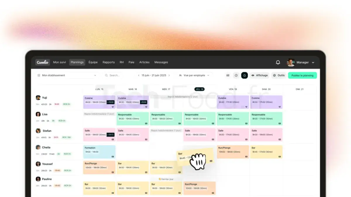 Interface du logiciel Combo sur ordinateur affichant le planning de la semaine d'un restaurant et les ratios de productivité RH
