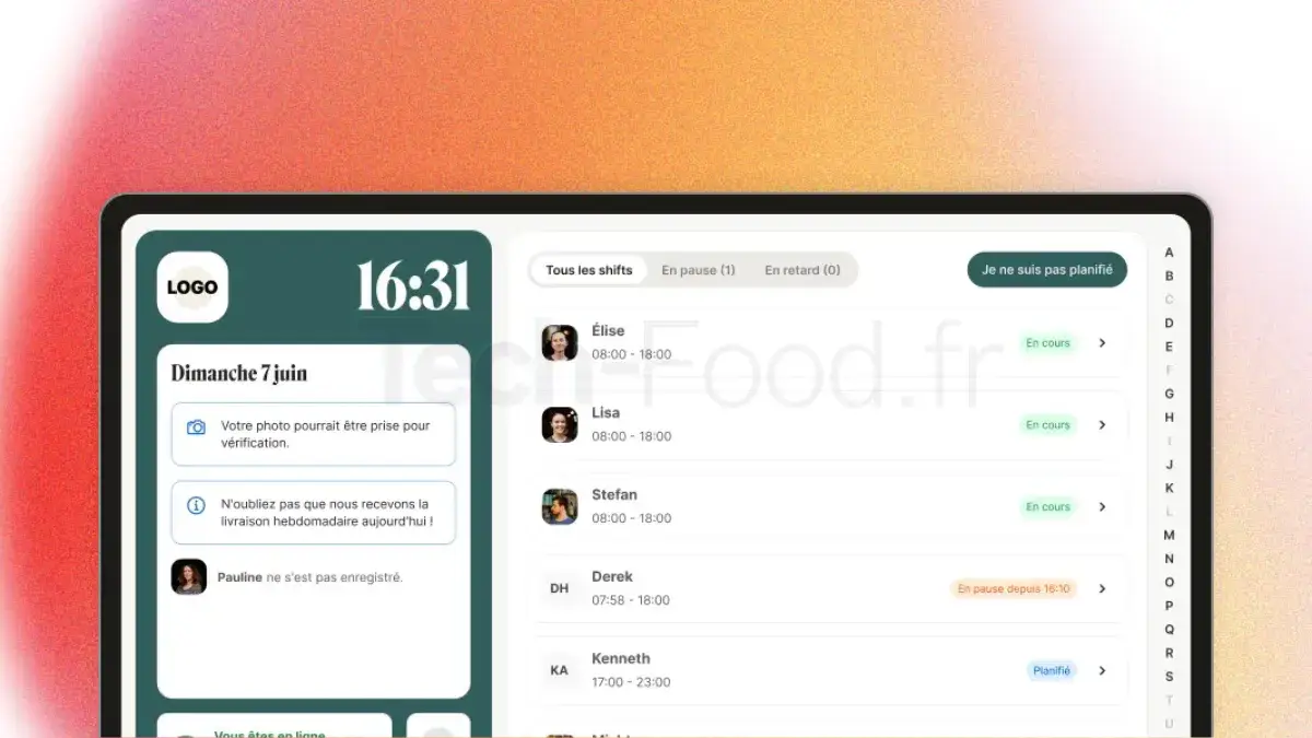Vue de l'application badgeuse de Combo sur une tablette. L'écran liste l'ensemble des shifts prévus pour la journée en cours et affiche le bouton de pointage de sécurité ainsi que la caméra prête à valider la présence du salarié.