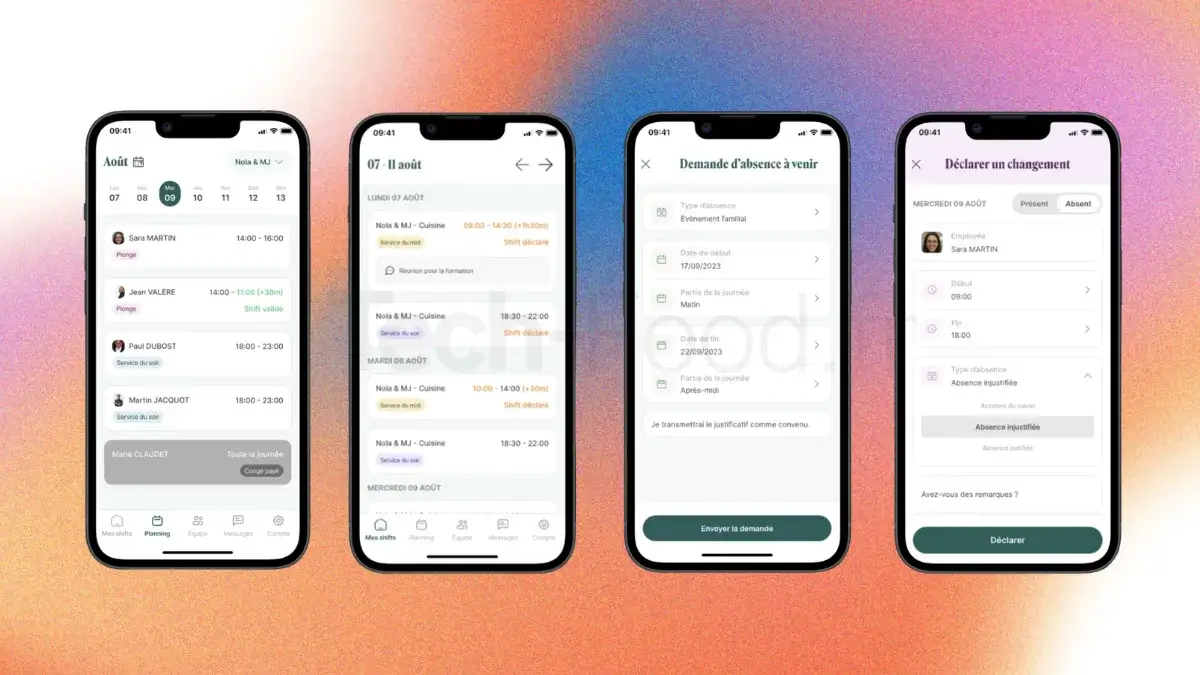 Alignement de quatre captures d'écran de l'application mobile Combo pour smartphone. On y découvre l'affichage ergonomique du planning personnel, le fil d'actualité collaboratif de l'équipe, la messagerie interne et l'espace de troc de shifts.
