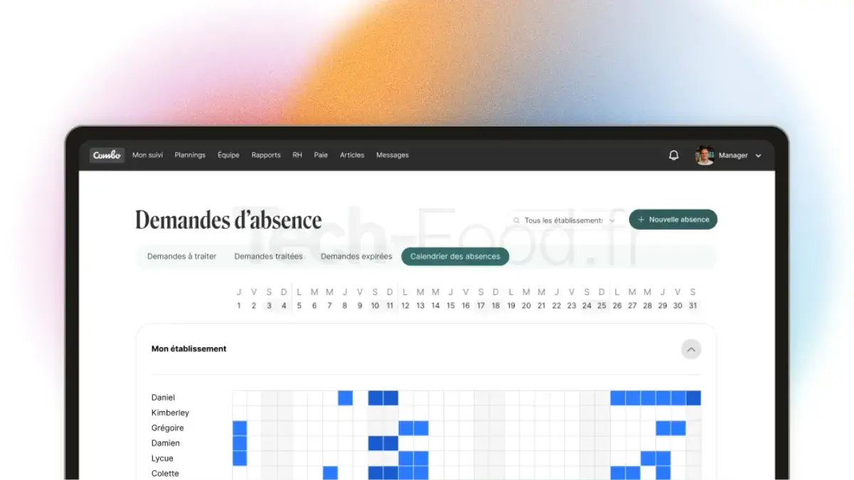 Capture d'écran de l'interface Combo affichée sur une tablette tactile. Le panneau central présente le module de gestion des absences, avec un calendrier interactif en arrière-plan.